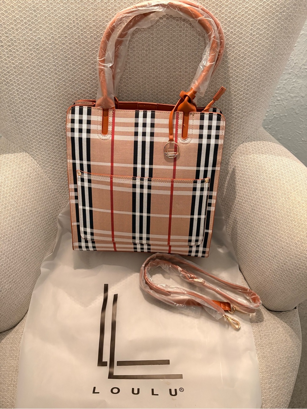 Loulu Plaid Tote in Beige, Black, White and Red NWOT